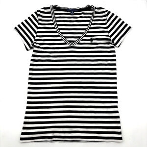 Ralph Lauren Black White Striped Embroidered Logo Short Sleeve V-neck Tee Size M